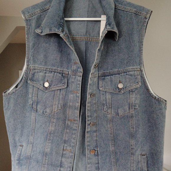 Long Blue Demin Sleeveless Vest, Size Medium - Picture 1 of 2